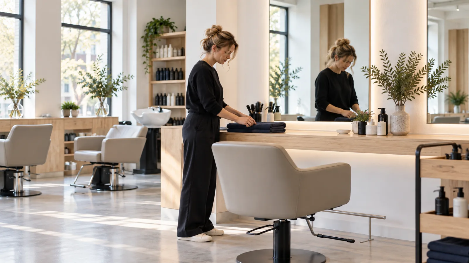 Kapper bereidt een werkplek in de salon voor op de volgende afspraak.