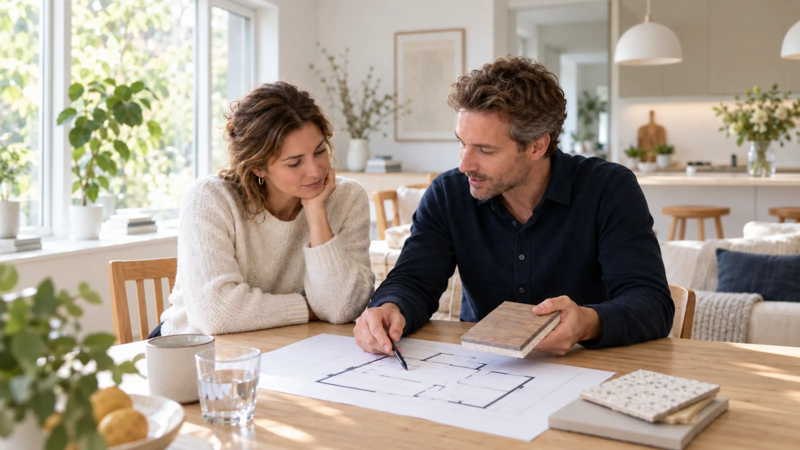 Huiseigenaar en adviseur bespreken een verbouwing aan een eettafel.